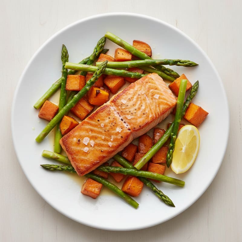 Seared Salmon with Roasted Sweet Potatoes and Asparagus