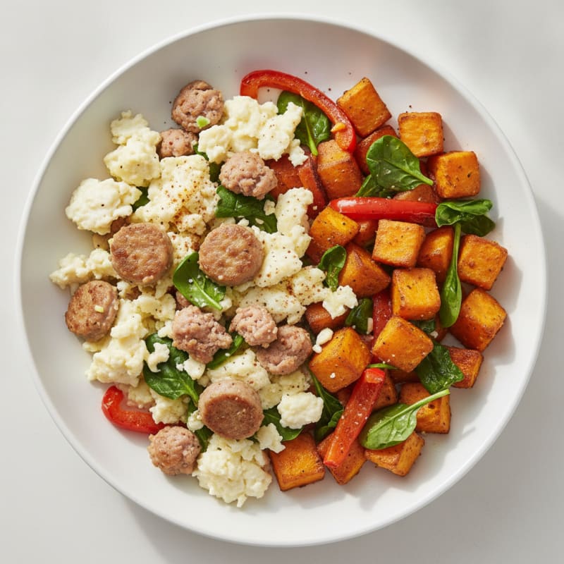 Egg White Scramble with Turkey Sausage and Roasted Sweet Potatoes