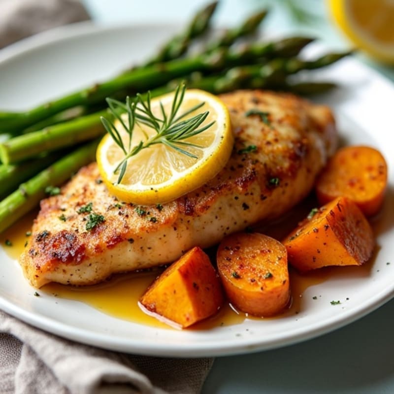Crispy Lemon-Herb Chicken with Roasted Asparagus and Sweet Potatoes