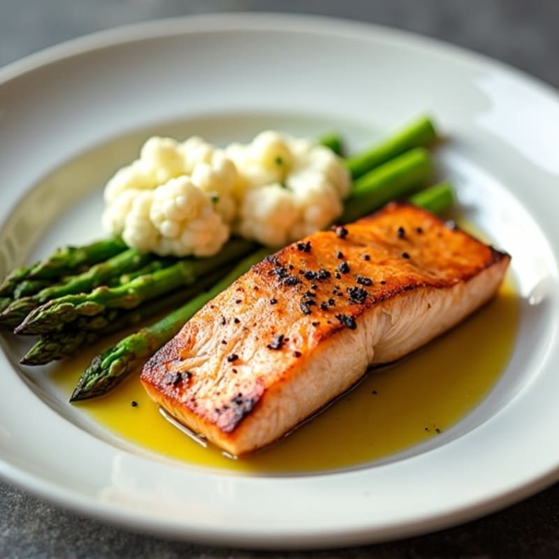 Seared Salmon Fillet with Roasted Asparagus and Garlic Cauliflower Mash