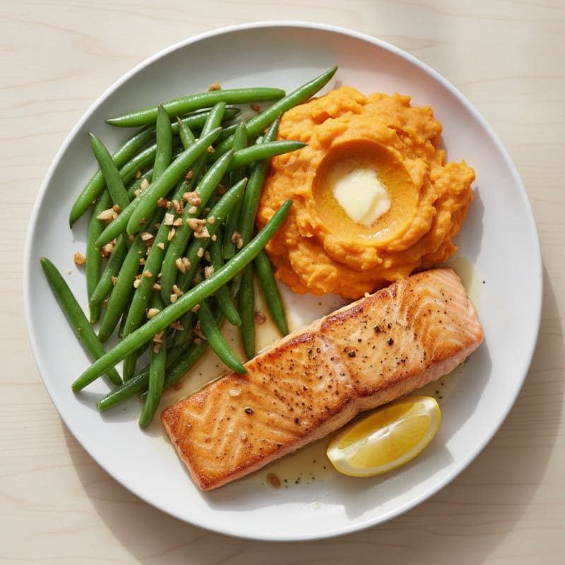Seared Salmon with Garlic Green Beans and Mashed Sweet Potato