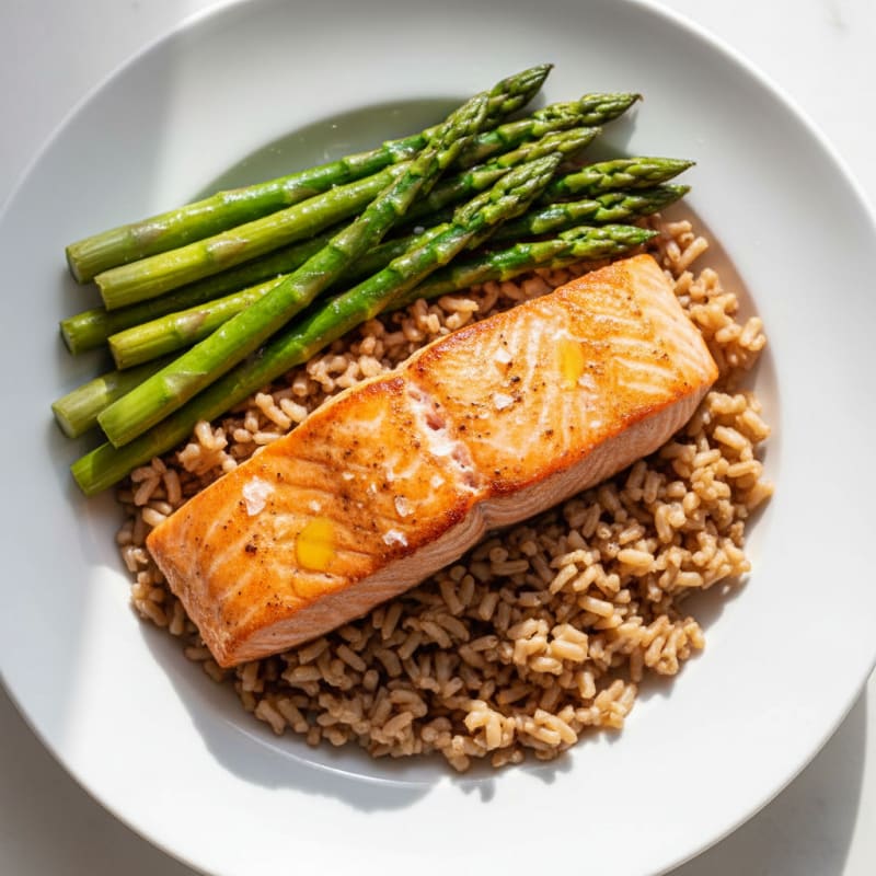 Seared Salmon Fillet with Steamed Asparagus and Brown Rice