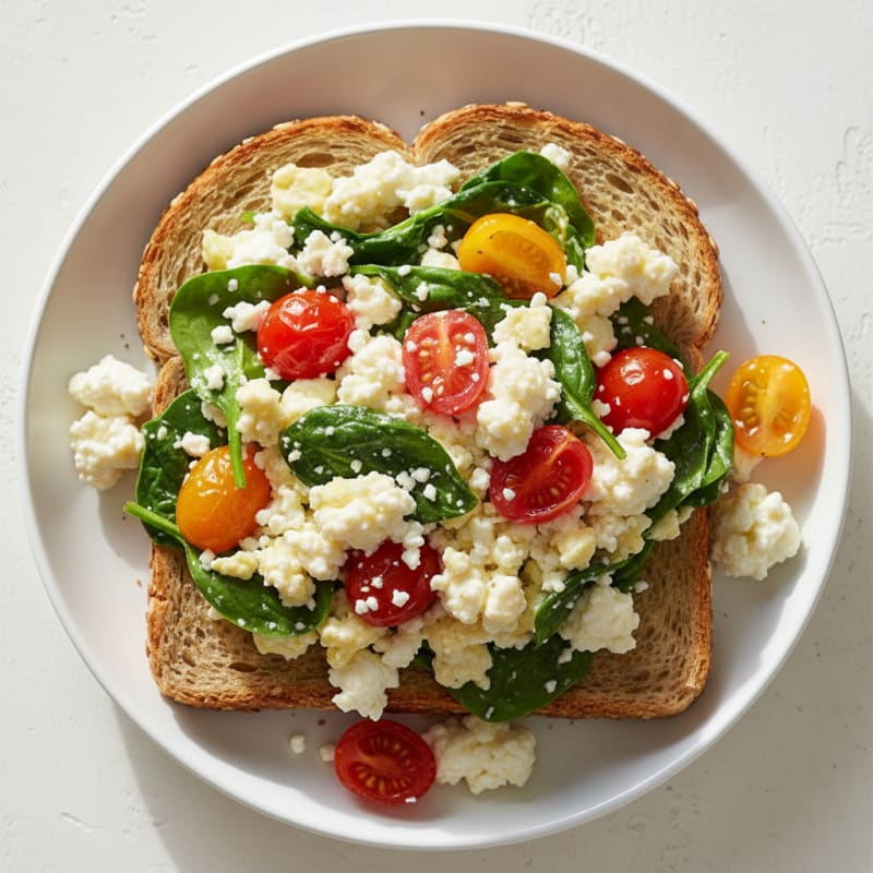 Cottage Cheese Egg Scramble with Spinach and Cherry Tomatoes