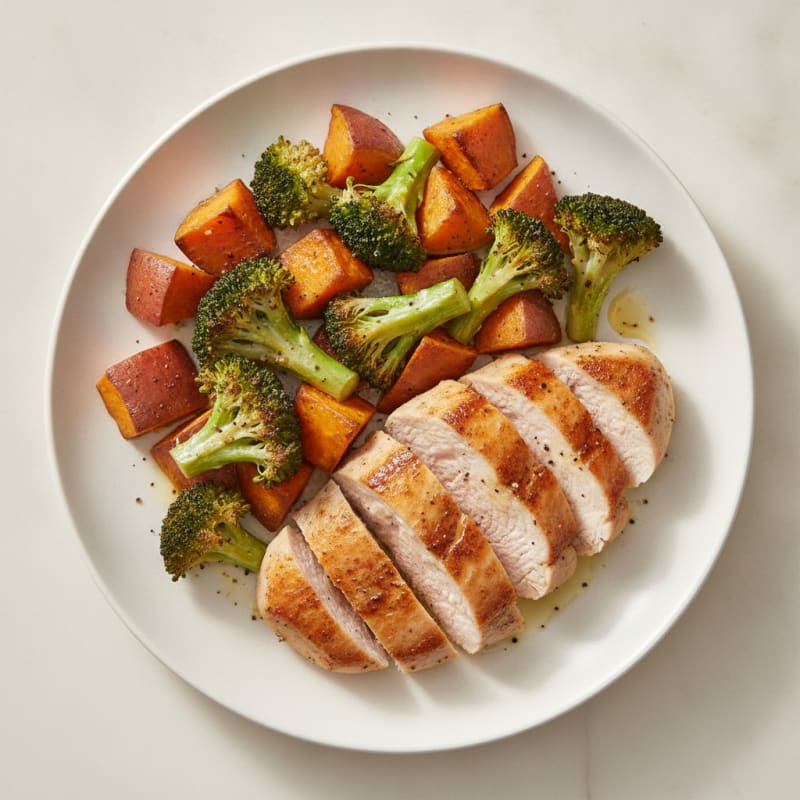 Seared Turkey Breast with Roasted Broccoli and Sweet Potato