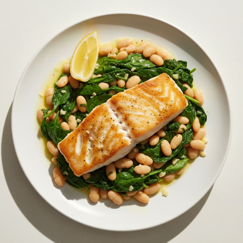 Seared Cod with White Bean and Spinach Sauté
