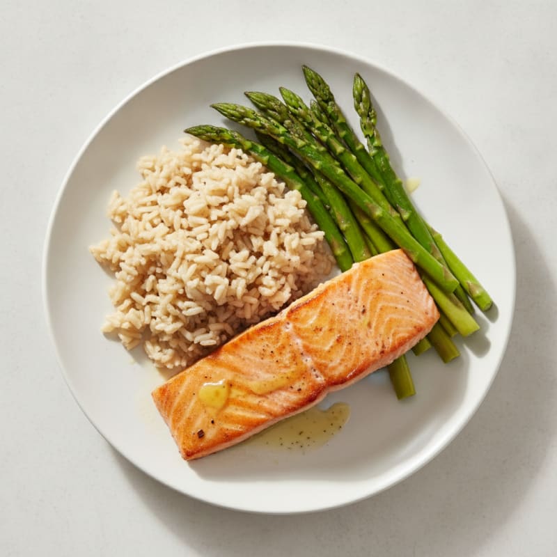 Seared Salmon Fillet with Steamed Asparagus and Brown Rice