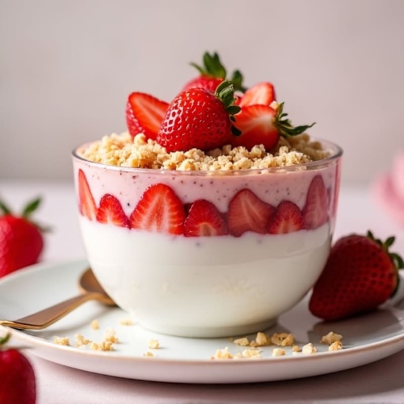Layered Fresh Strawberry Protein Bowl with Creamy Vanilla Greek Yogurt and Crunchy Almond Crumble