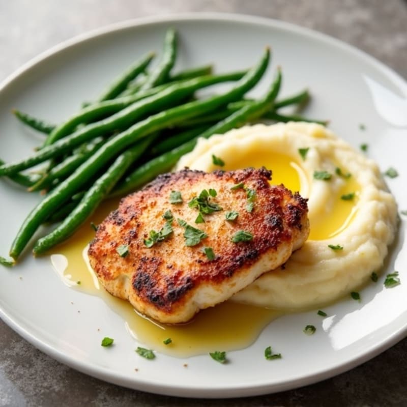 Pan-Seared Chicken with Buttery Garlic Mashed Potatoes and Crispy Green Beans