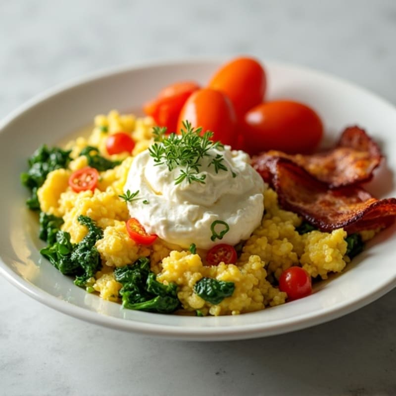 Egg White Veggie Scramble with Cottage Cheese and Turkey Bacon