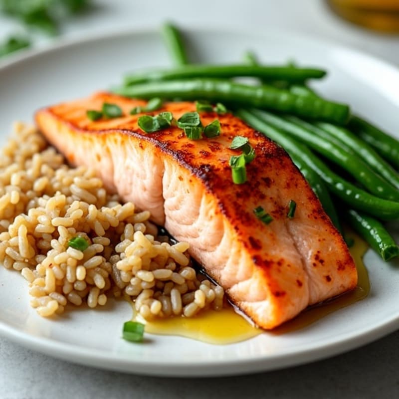 Seared Salmon with Steamed Green Beans and Brown Rice