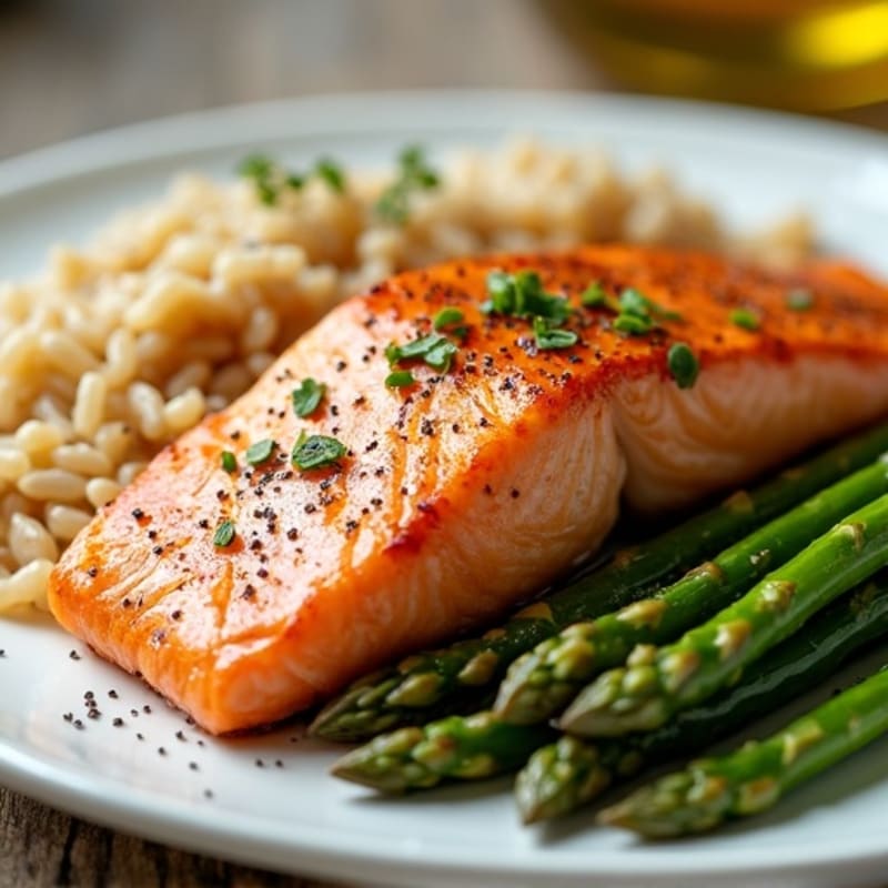 Seared Salmon Fillet with Steamed Asparagus and Brown Rice