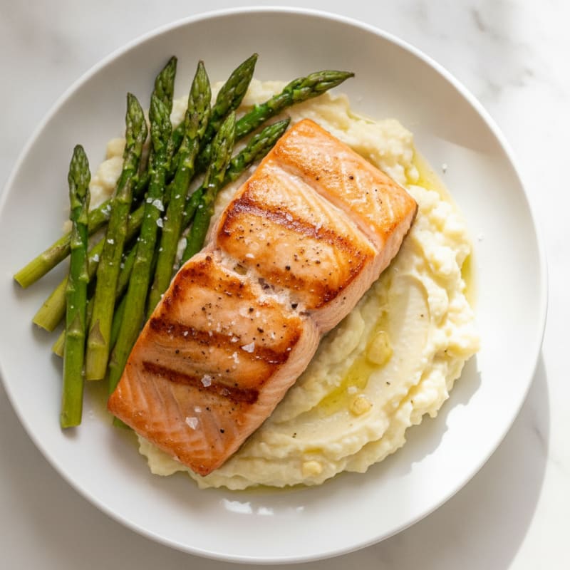 Seared Salmon with Asparagus and Garlic Cauliflower Mash