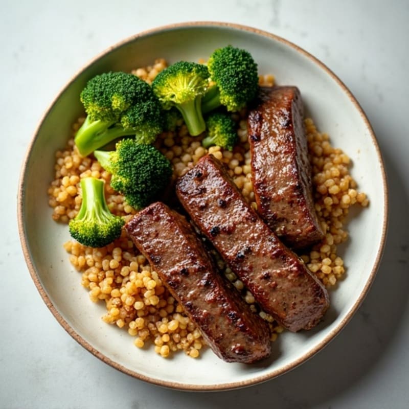 Seared Lean Beef Strips with Roasted Broccoli and Quinoa