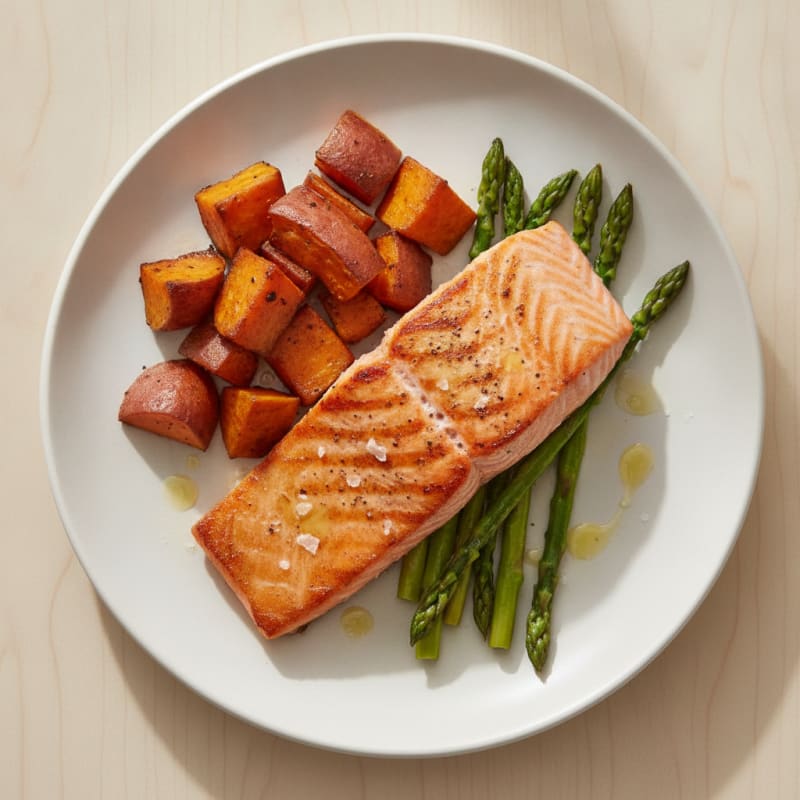 Seared Salmon Fillet with Roasted Sweet Potato and Asparagus