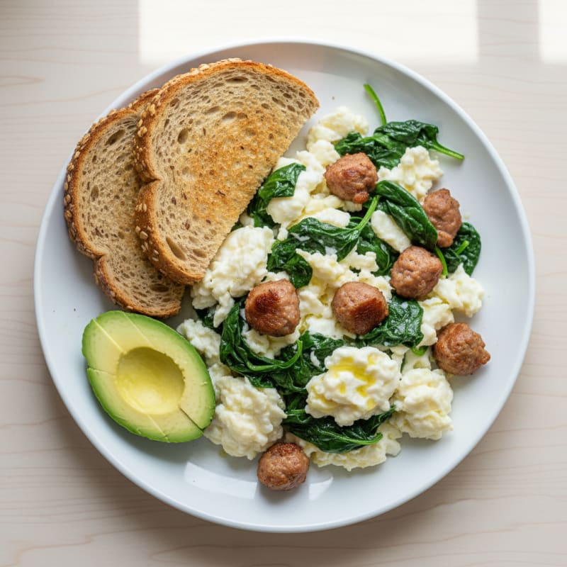 Egg White and Spinach Scramble with Turkey Sausage