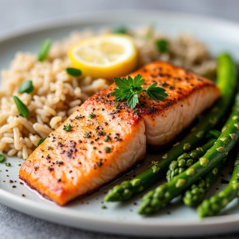 Seared Salmon Fillet with Steamed Asparagus and Brown Rice