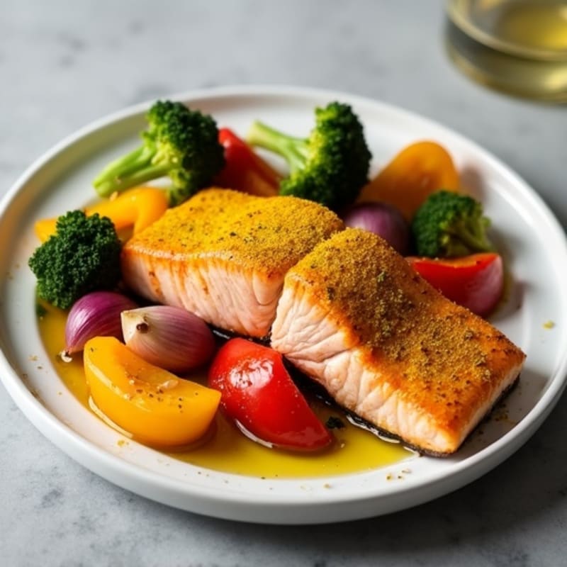 Crispy Turmeric-Spiced Salmon with Roasted Colorful Vegetables