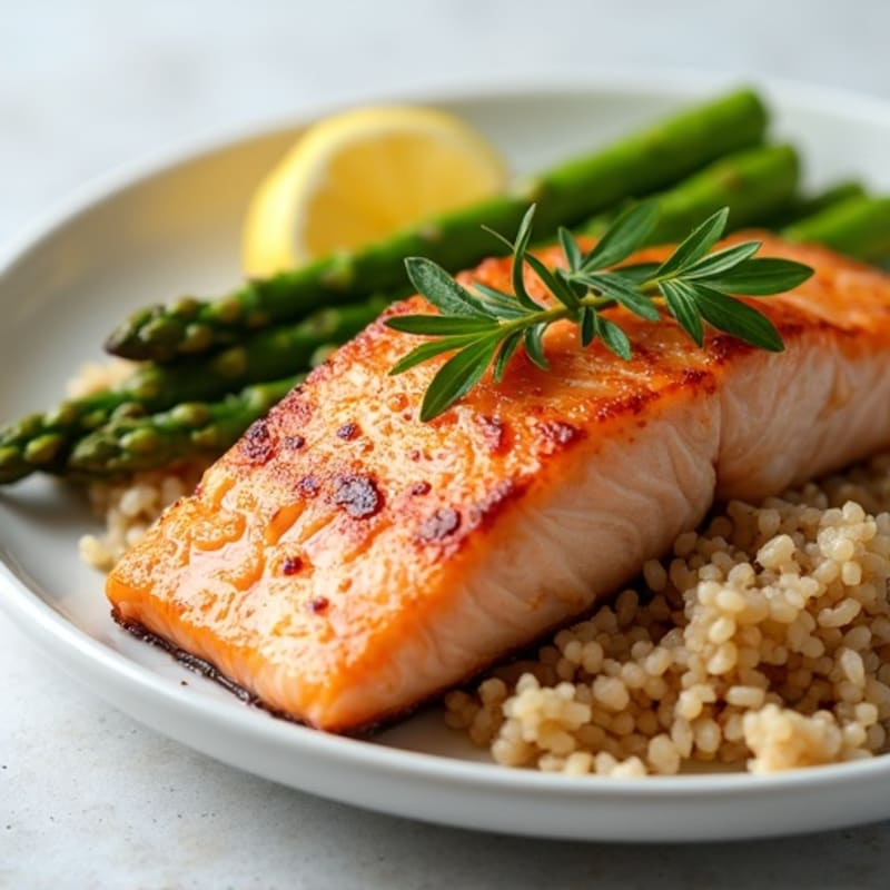 Seared Salmon Fillet with Steamed Asparagus and Brown Rice