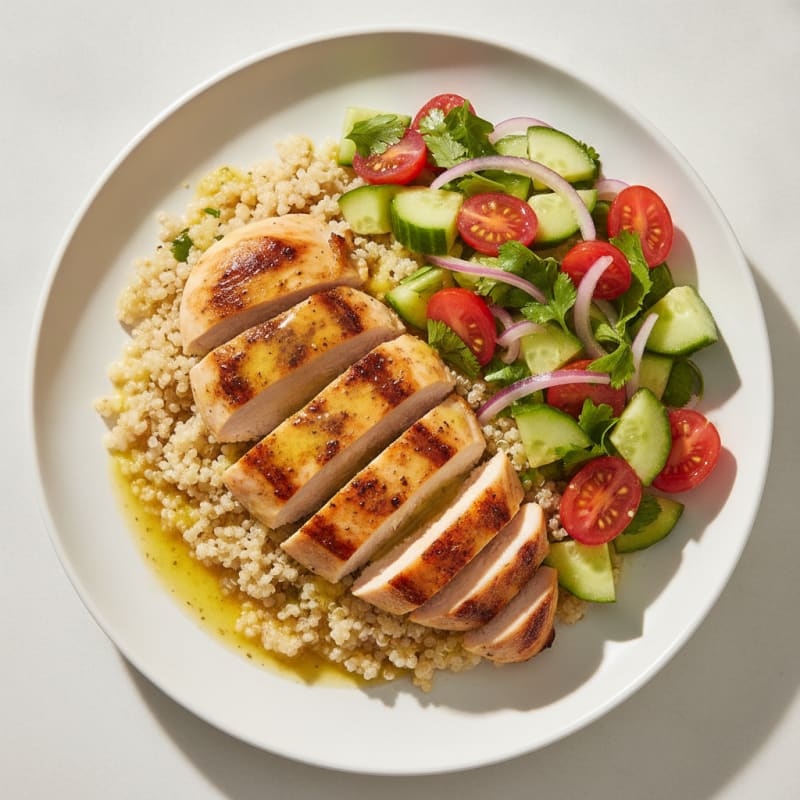 Grilled Chicken Breast with Quinoa and Crunchy Cucumber Tomato Salad