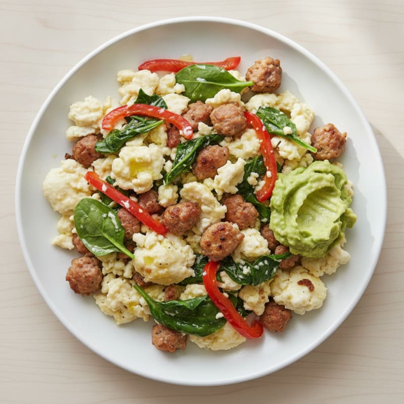 Egg White and Turkey Sausage Scramble with Sautéed Spinach
