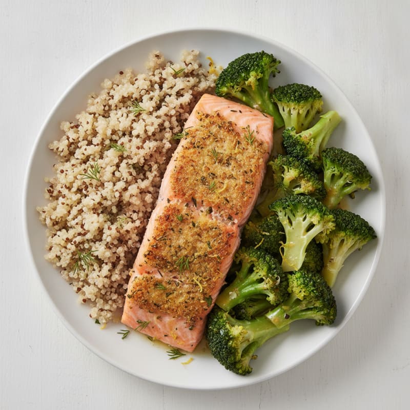 Herb-Roasted Salmon with Steamed Broccoli and Quinoa