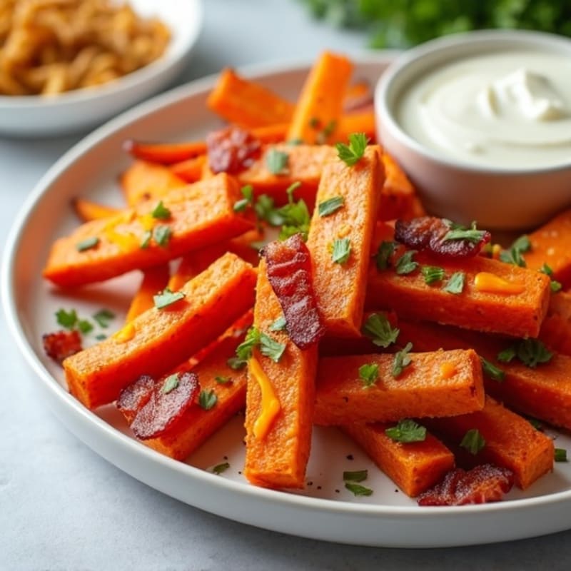 Crispy Roasted Sweet Potato Fries with Lean Bacon and Creamy Cheesy Sauce