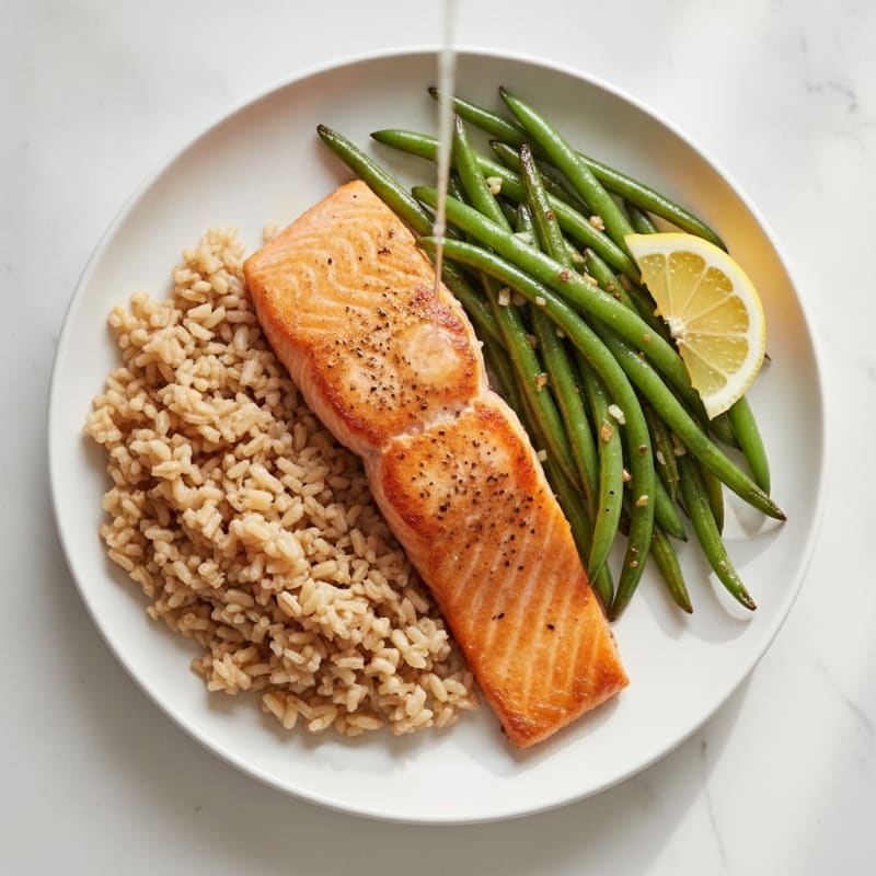 Seared Salmon with Garlic Green Beans and Steamed Brown Rice
