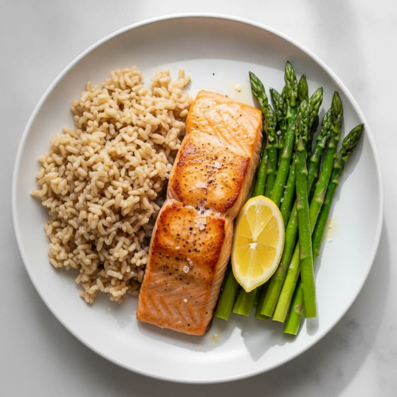 Seared Salmon Fillet with Steamed Asparagus and Brown Rice