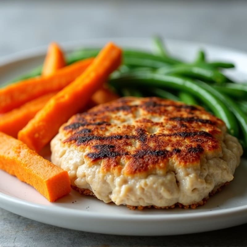 Lean Turkey Patties with Crispy Sweet Potato Fries and Steamed Green Beans