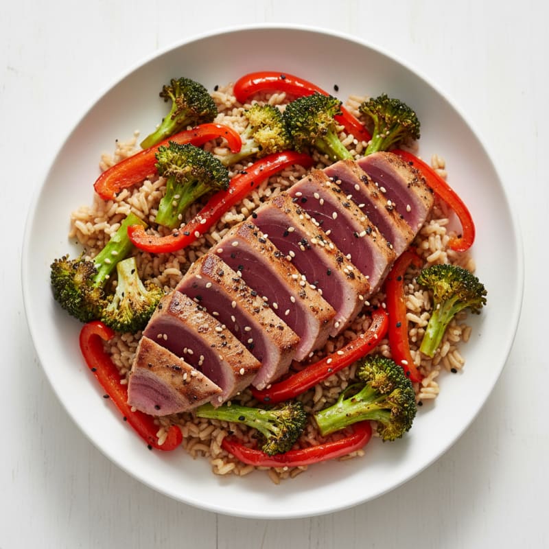 Seared Tuna and Roasted Vegetable Rice Bowl