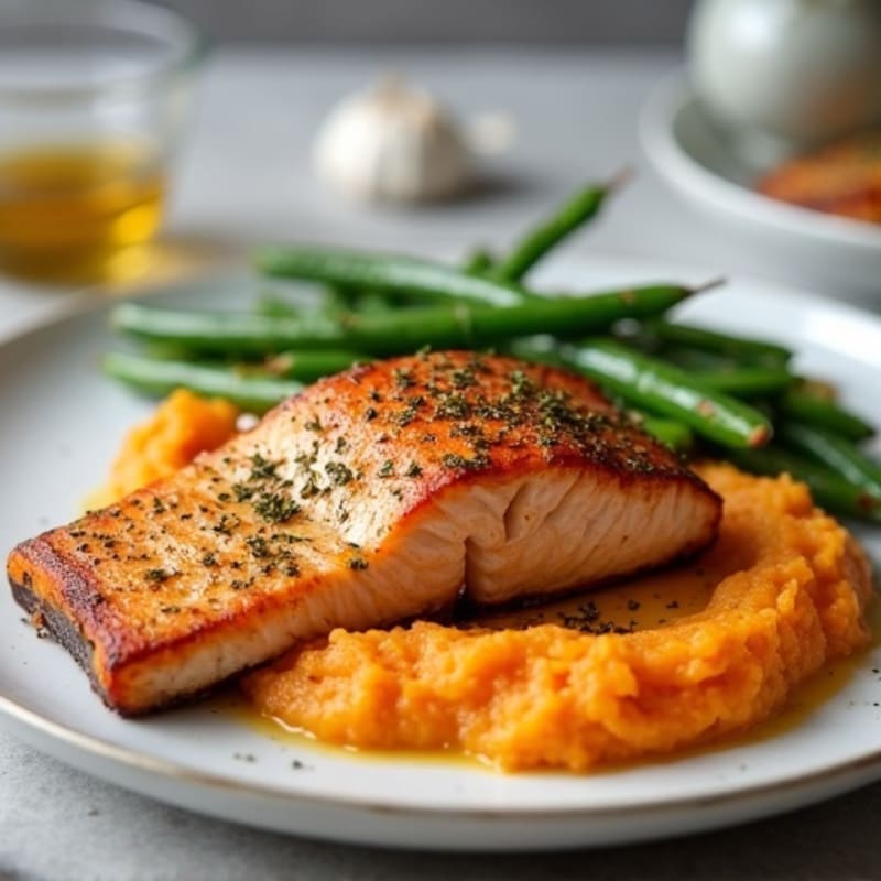 Seared Salmon with Garlic Green Beans and Sweet Potato Mash