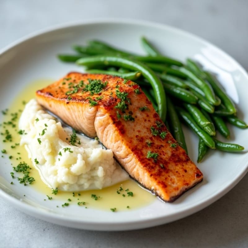 Seared Salmon with Garlic Green Beans and Cauliflower Mash