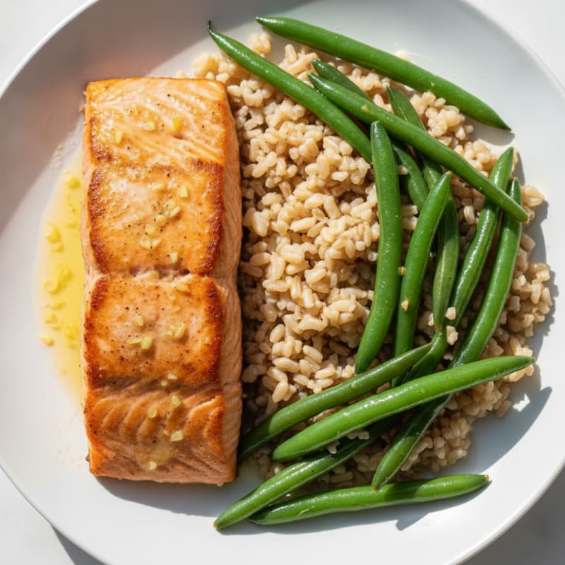 Seared Salmon with Garlic Green Beans and Brown Rice