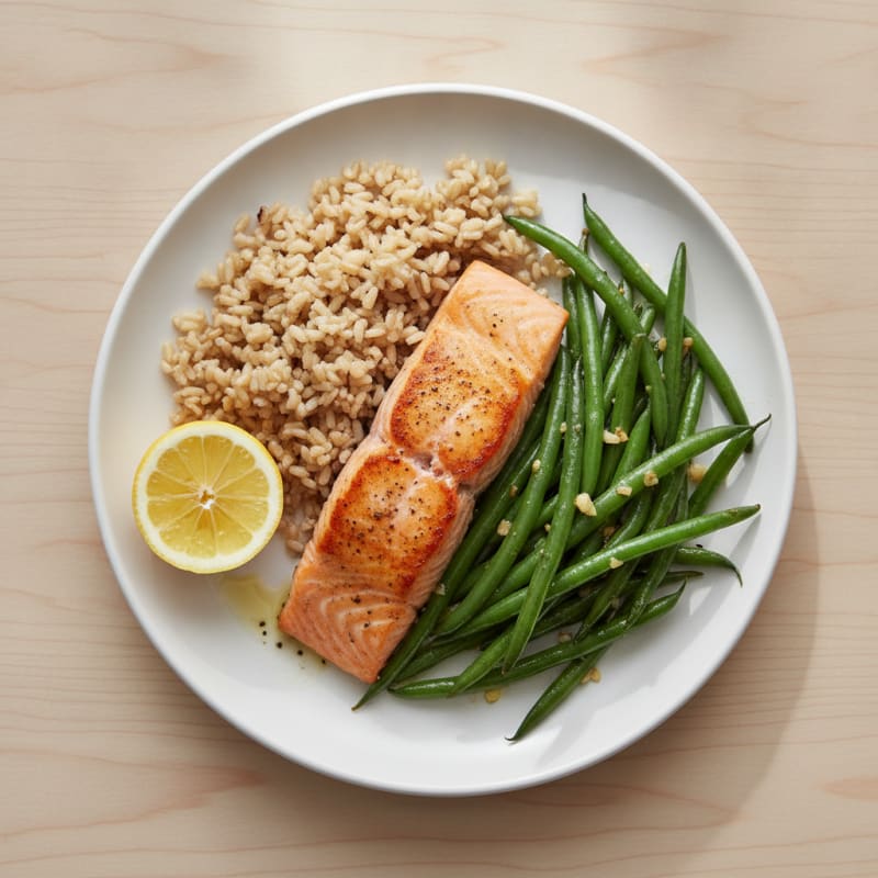Seared Salmon Fillet with Garlic Green Beans and Brown Rice