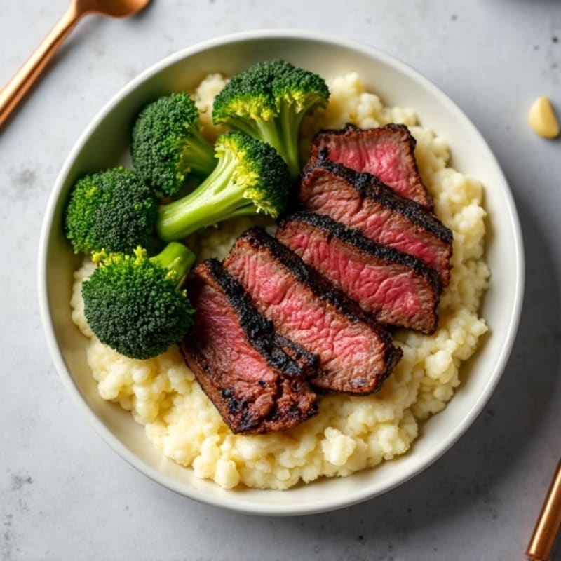 Seared Lean Beef Strips with Roasted Broccoli and Garlic Cauliflower Mash