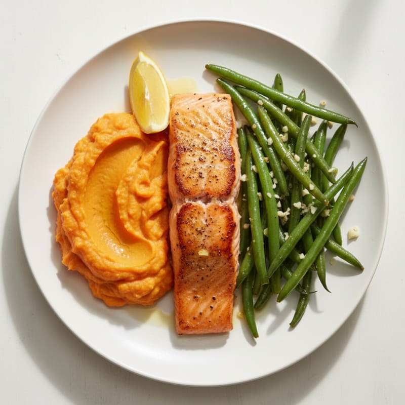 Seared Salmon with Garlic Green Beans and Sweet Potato Mash