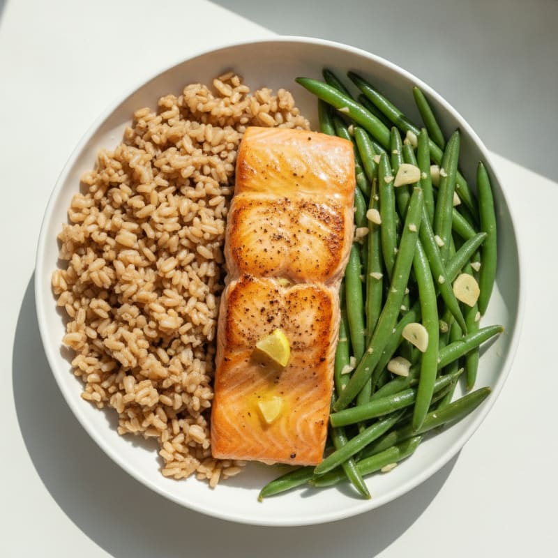 Pan-Seared Salmon with Garlic Green Beans and Brown Rice