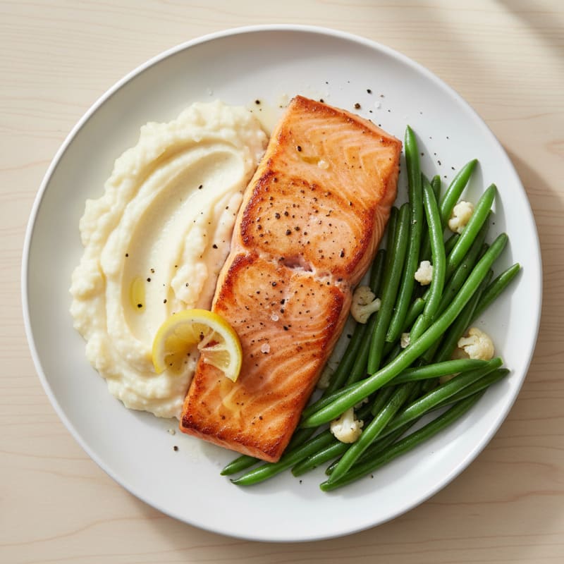 Seared Salmon Fillet with Steamed Green Beans and Cauliflower Mash