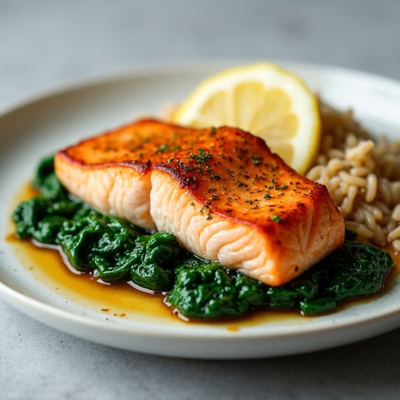 Seared Salmon with Brown Rice and Sautéed Spinach