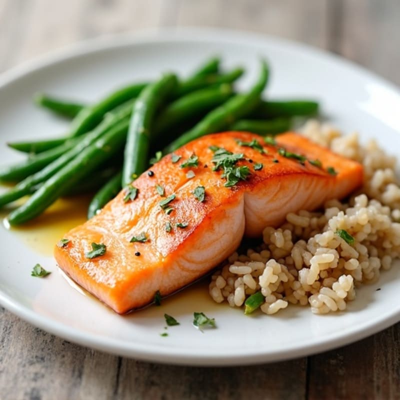 Seared Salmon with Garlic Green Beans and Brown Rice