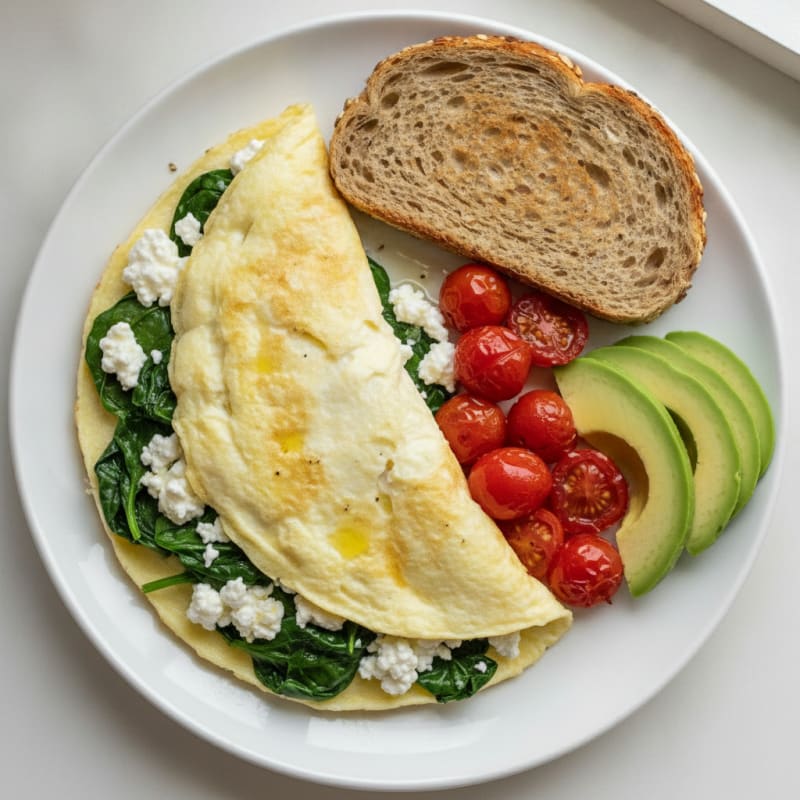 Egg White Spinach Omelette with Cottage Cheese and Cherry Tomatoes