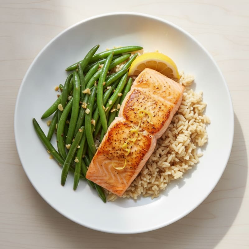 Seared Salmon with Garlic Green Beans and Brown Rice