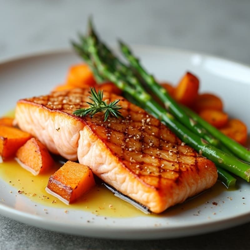 Seared Salmon Fillet with Roasted Sweet Potato and Asparagus