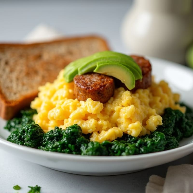 Egg White Scramble with Turkey Sausage and Sautéed Spinach