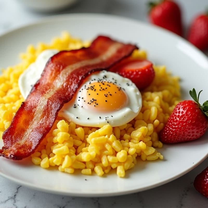 Scrambled Eggs with Crispy Turkey Bacon, Creamy Cottage Cheese, and Fresh Strawberries