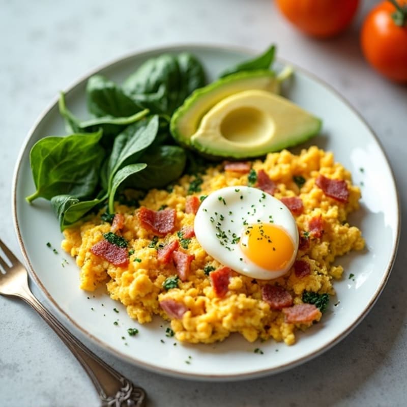 Cottage Cheese Egg Scramble with Spinach and Turkey Bacon