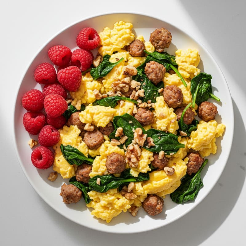 Scrambled Eggs with Turkey Sausage and Sautéed Spinach