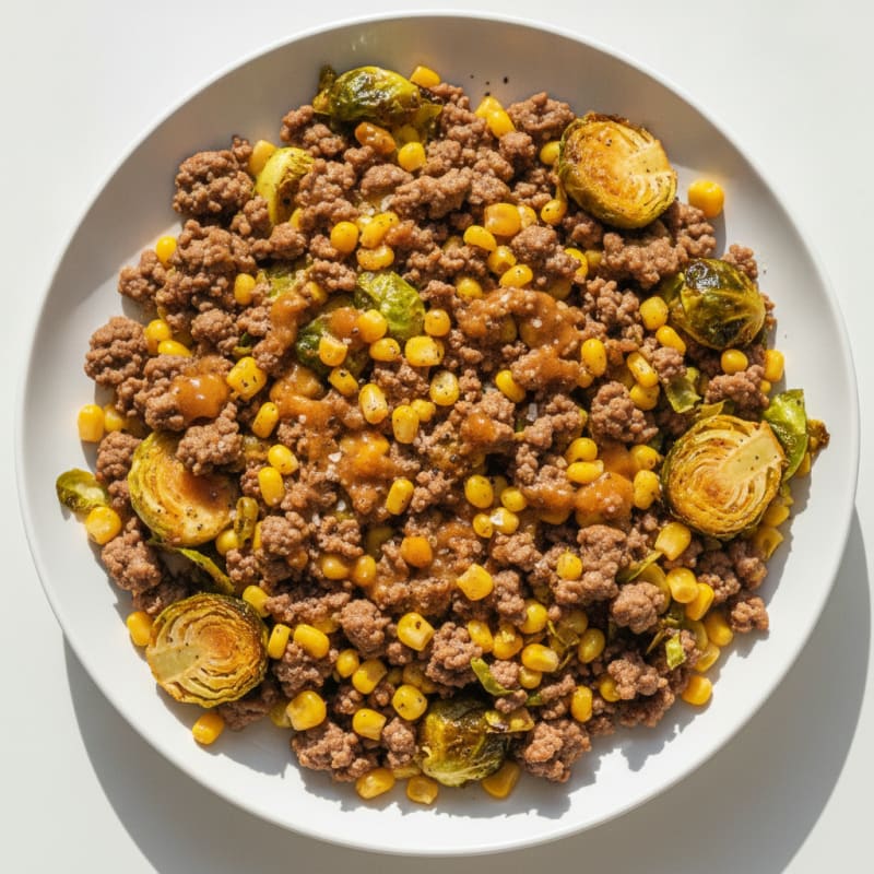 Ground Beef Skillet with Brussels Sprouts and Corn