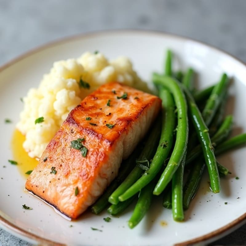 Seared Salmon with Steamed Green Beans and Mashed Cauliflower
