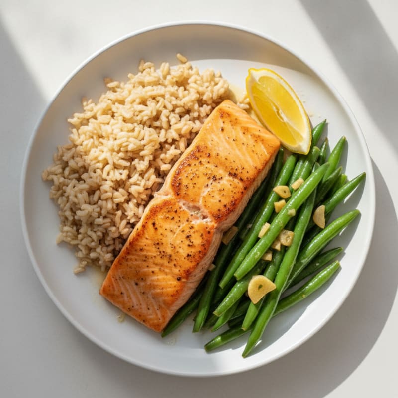 Seared Salmon with Garlic Green Beans and Brown Rice